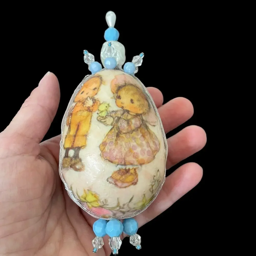 Vintage Decoupage Ornament Holly Hobbie? Handmade 70's Beaded Christmas Holiday